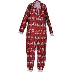 Winter Pajamas One Piece Adults Size XL Hooded Zip Front Reindeer Design